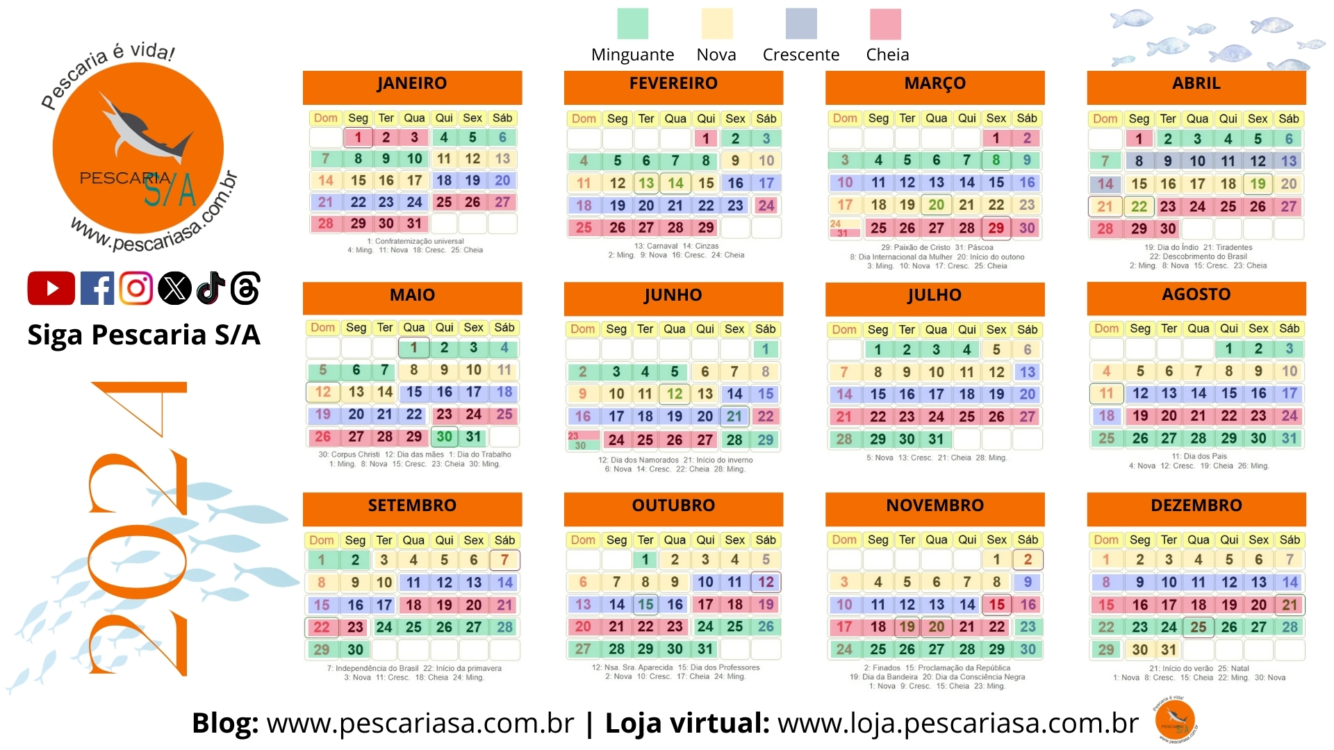 Calendário de Pesca 2024 lunar com feriados download grátis