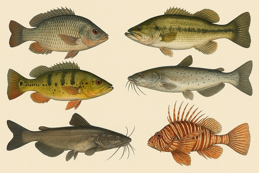Soltura proibida: soltar tilápias, carpas, black bass, tucunarés, catfish, bagre africano e peixe-leão é crime ambiental no Brasil.