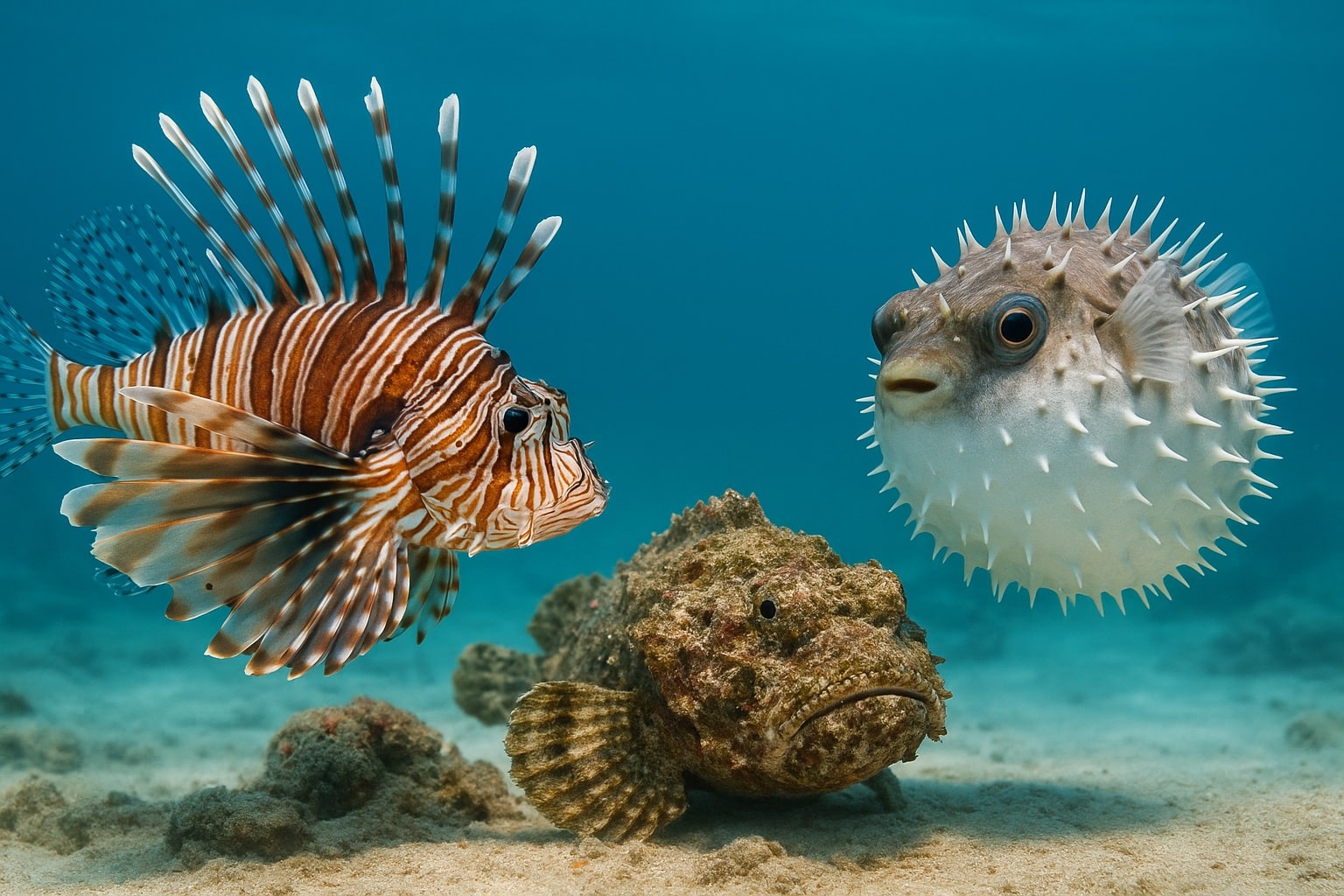Conheça os peixes mais venenosos dos oceanos — peixe-leão, peixe-pedra e baiacu — e saiba por que representam perigo real aos humanos.