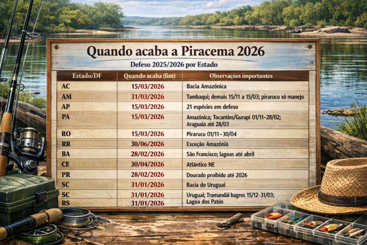 Saiba quando acaba a piracema 2026 em cada estado do Brasil. Veja as datas finais do defeso 2025/2026 e planeje sua pescaria legalmente.