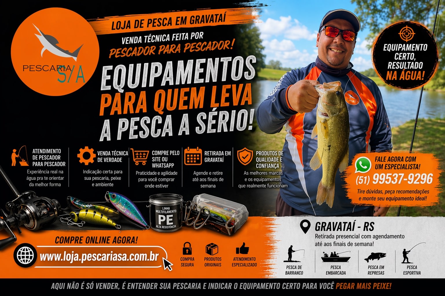 Loja de pesca online em Gravataí com compra via site ou WhatsApp e retirada agendada até aos finais de semana.